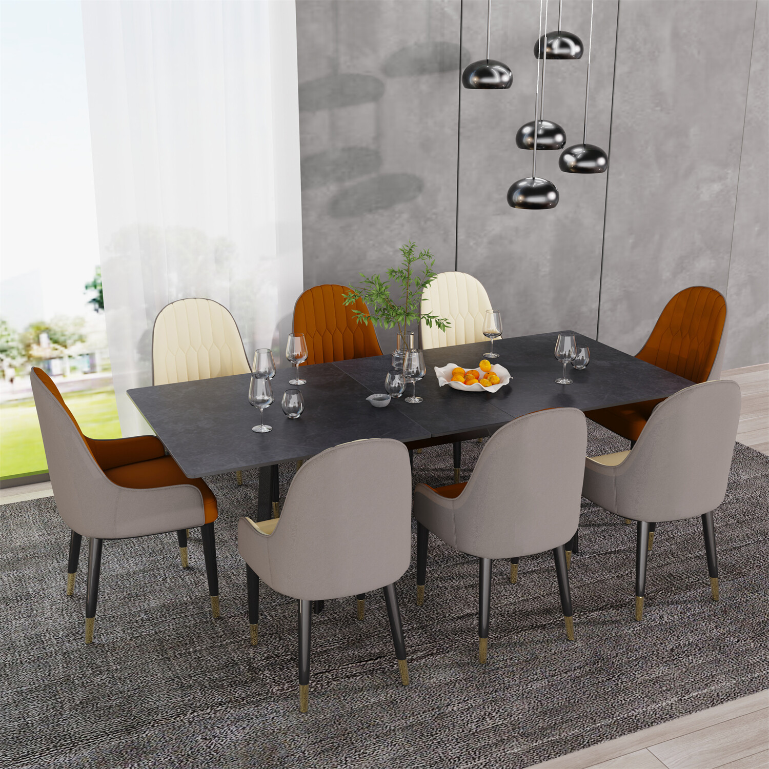 Extensible Dining Set Marble Table & Leather Chair Home Kitchen Modern Furniture