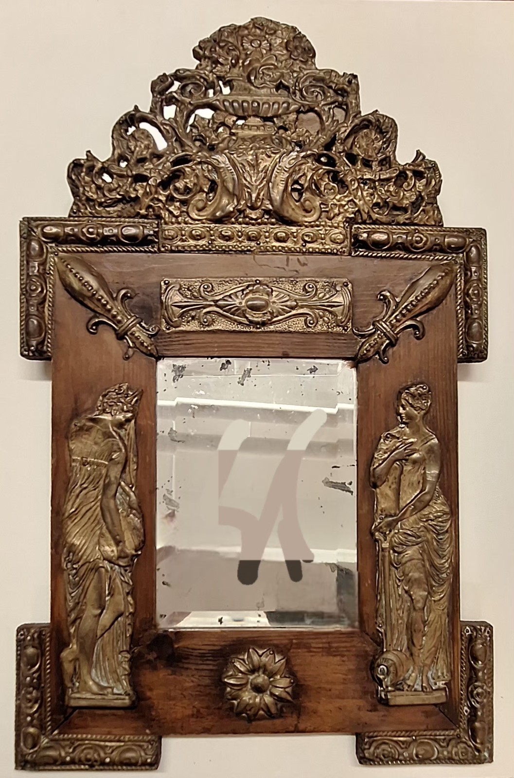 Antique French Napoleon 111 Reppusse Brass And Pine Wall Mirror