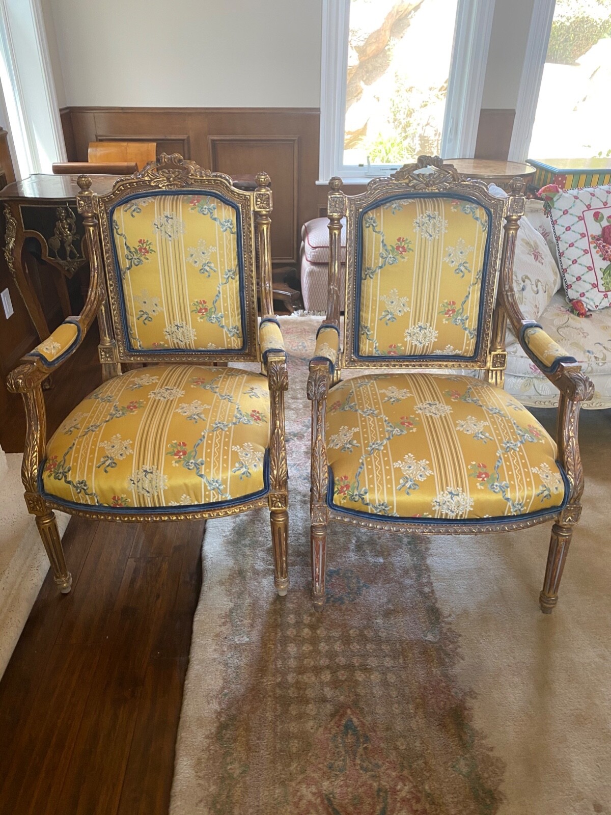 2 Yellow/gold silk print with blue velvet back and trim with speckled gold leaf 