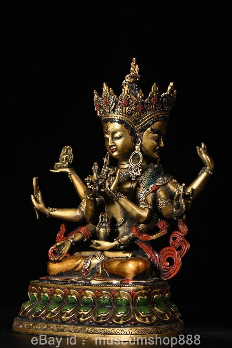 12″ Old Chinese Bronze Paintings Buddhism 3 Head 6 Arms Namgyalma Sculpture
