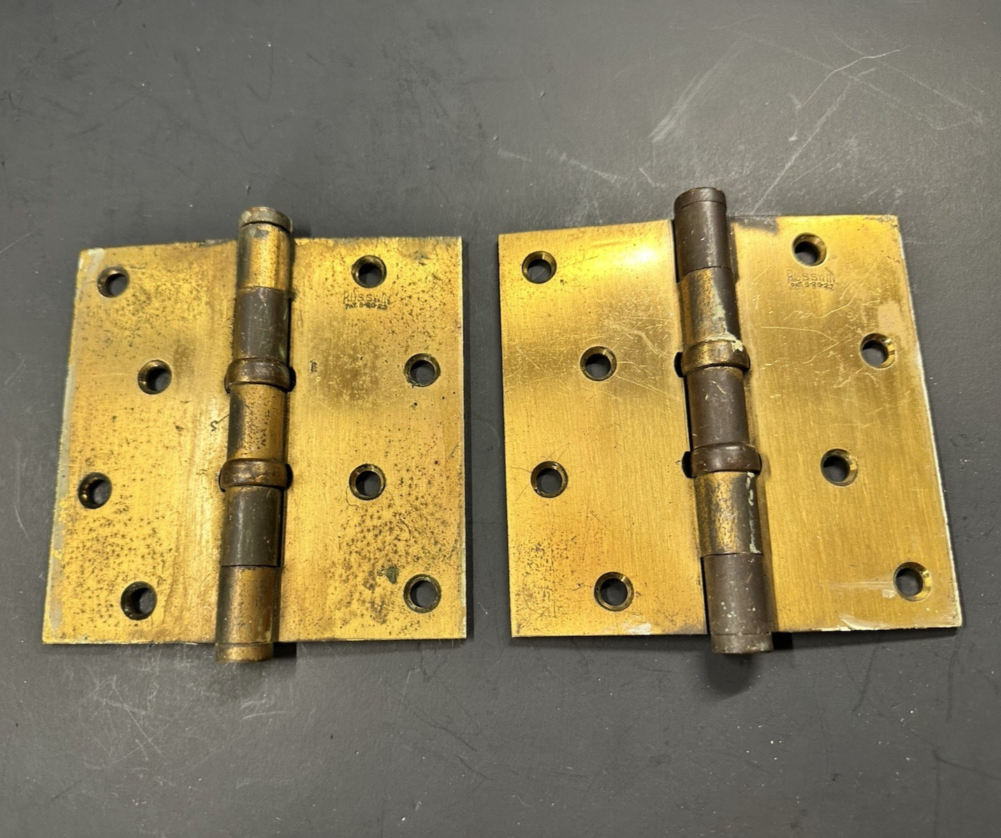 4 1/2″ x 4 1/2″ Antique Russwin Brass Door Hinges Hardware Pat. 8-28-23
