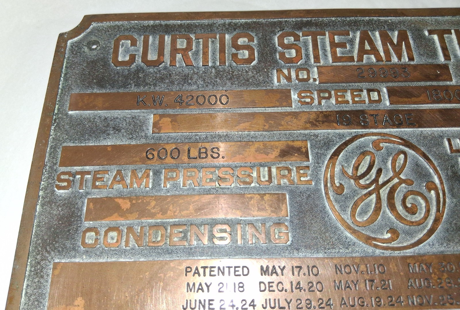 Curtis Steam Turbine General Electric Co Heavy Brass Plaque/Sign – Vintage Rare