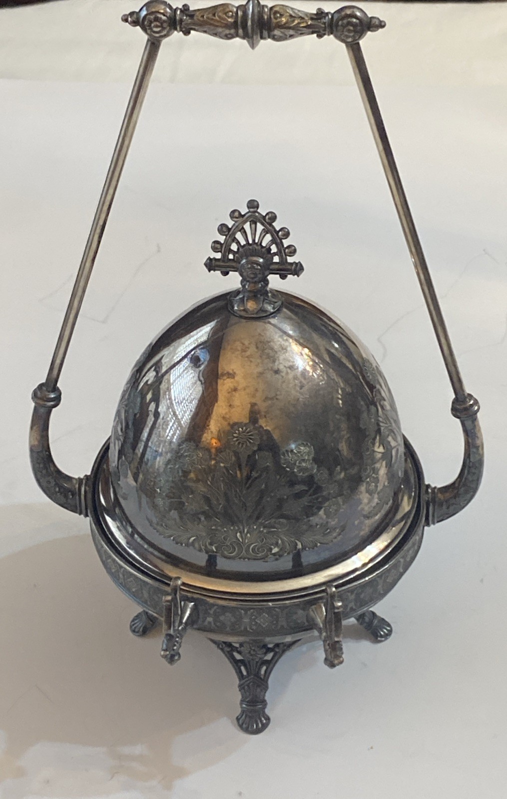 Antique Victorian Silver Plate Dome Lid Butter / Caviar Dish 12” Tall