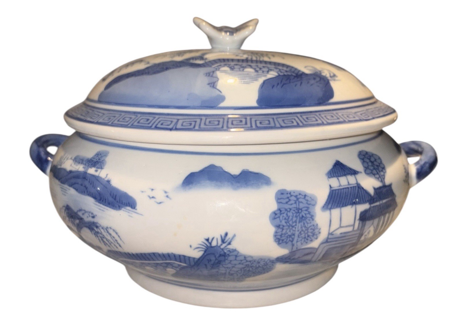 Canton Chinese Export Blue & White Porcelain Soup Tureen Casserole Covered Dish