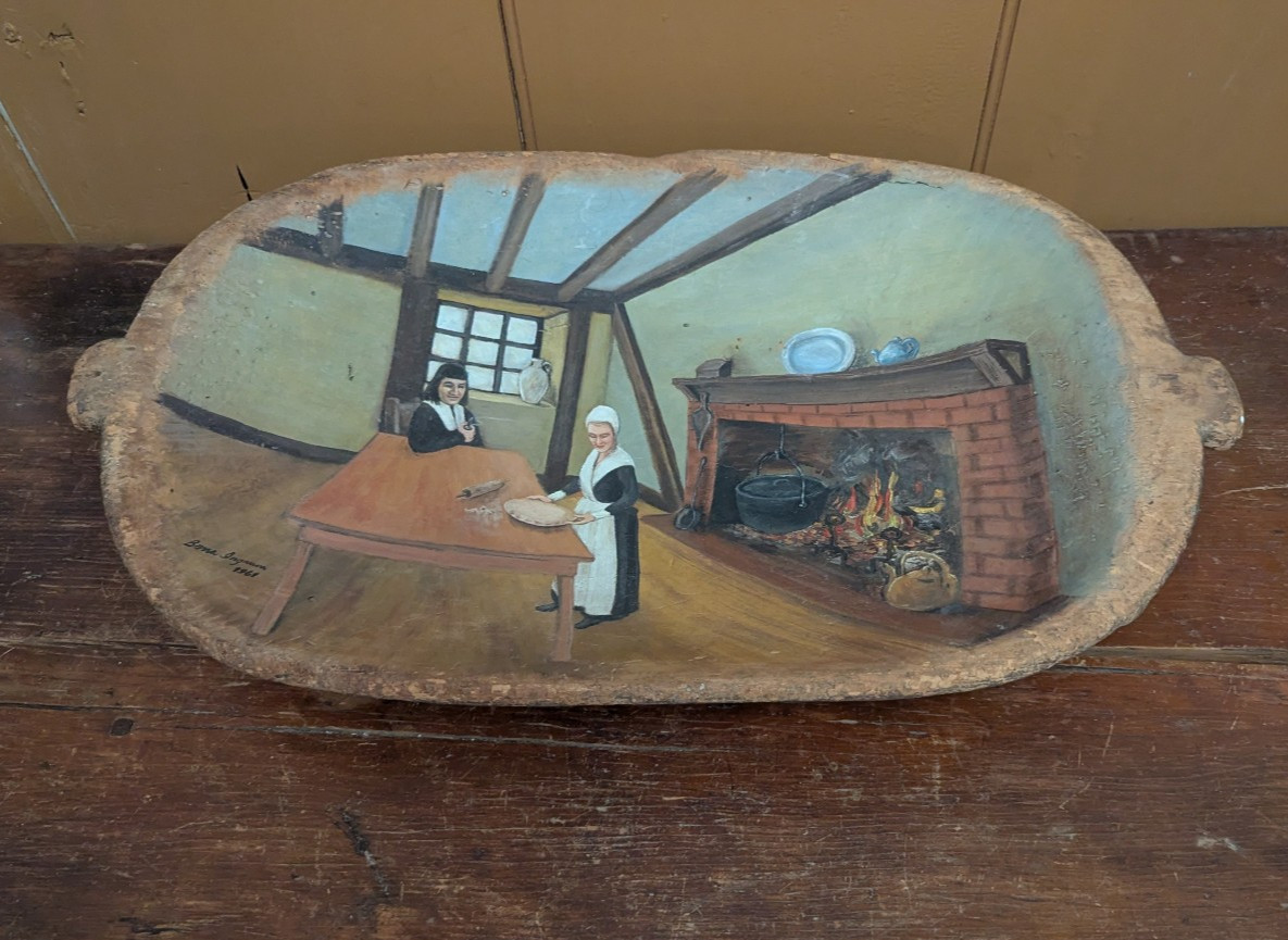 Antique Wooden Dough Bowl Primitive Hand Carved Trencher Folk Art Painted 1961