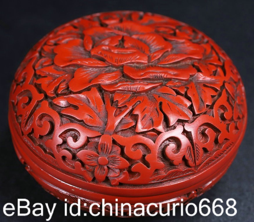 4″ Old China Red Lacquerware Carving Dynasty Phoenix Peony Flower Jewelry Box