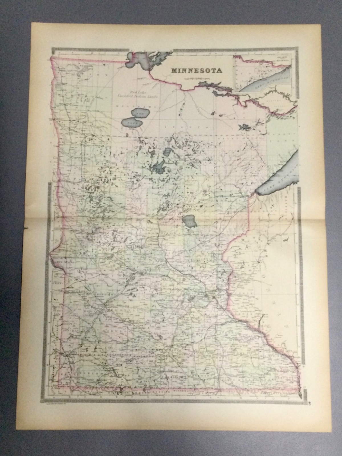 1889 Minnesota Railroad & County Colored Map by William Bradley ~18×26”