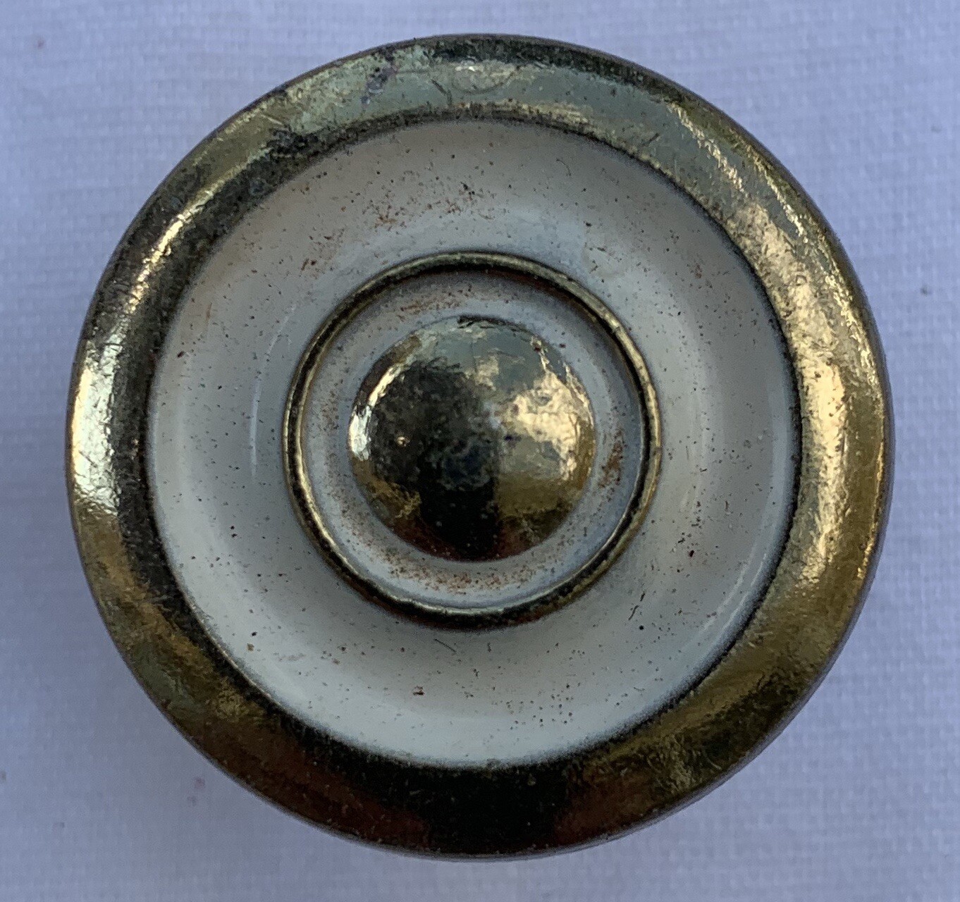 True Vintage Drawer Pull brass gold shabby white enamel paint dresser cabinet