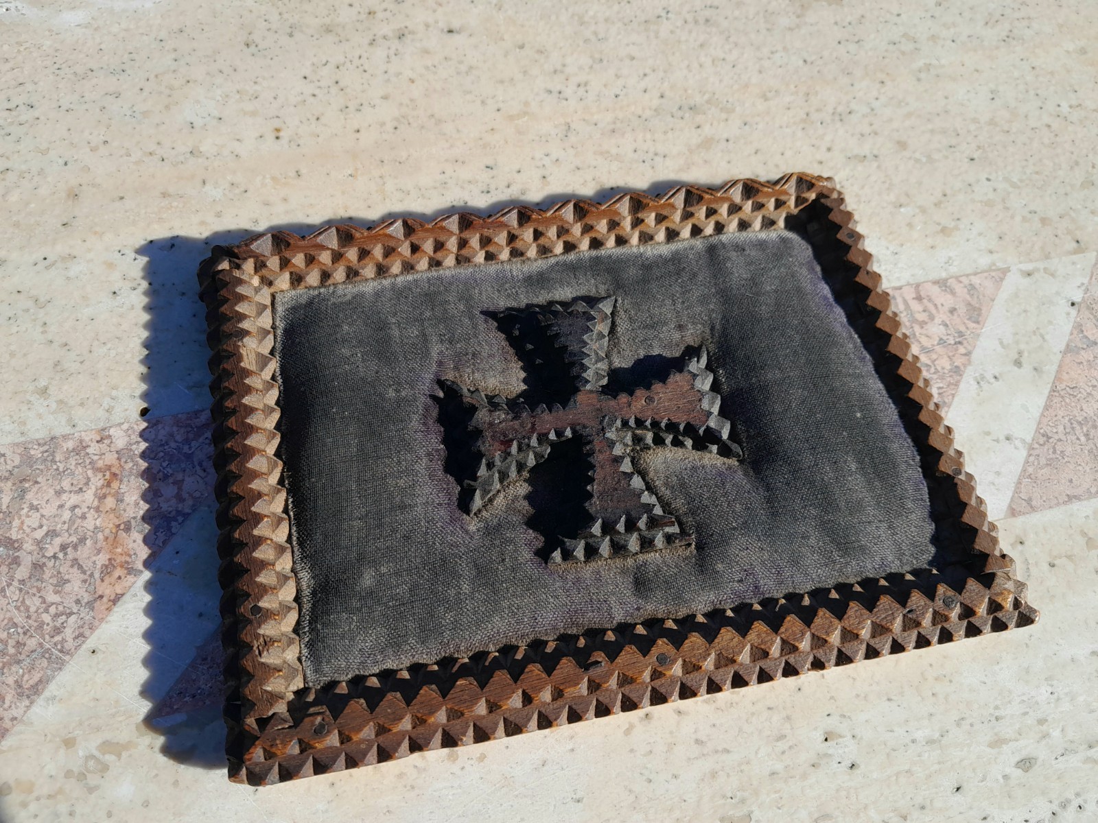 Antique French Tramp Art Trinket Box With German Cross Jewellery Display WW1