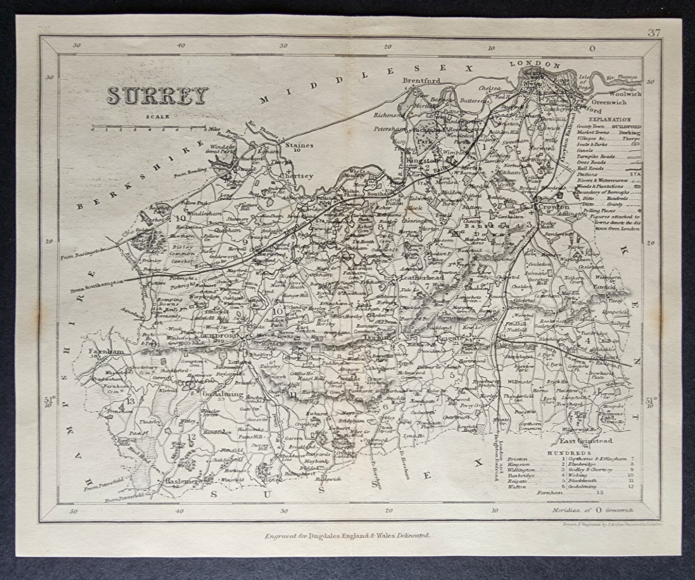 Antique c. 1850 county map – Surrey – Joshua Archer