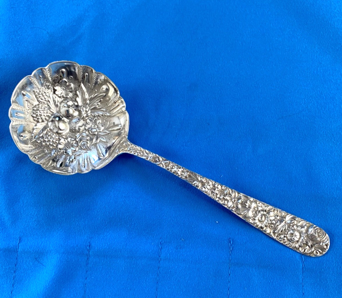 Vintage S. Kirk & Son Repousse Sterling Silver Berry Spoon 7 1/2 inch long