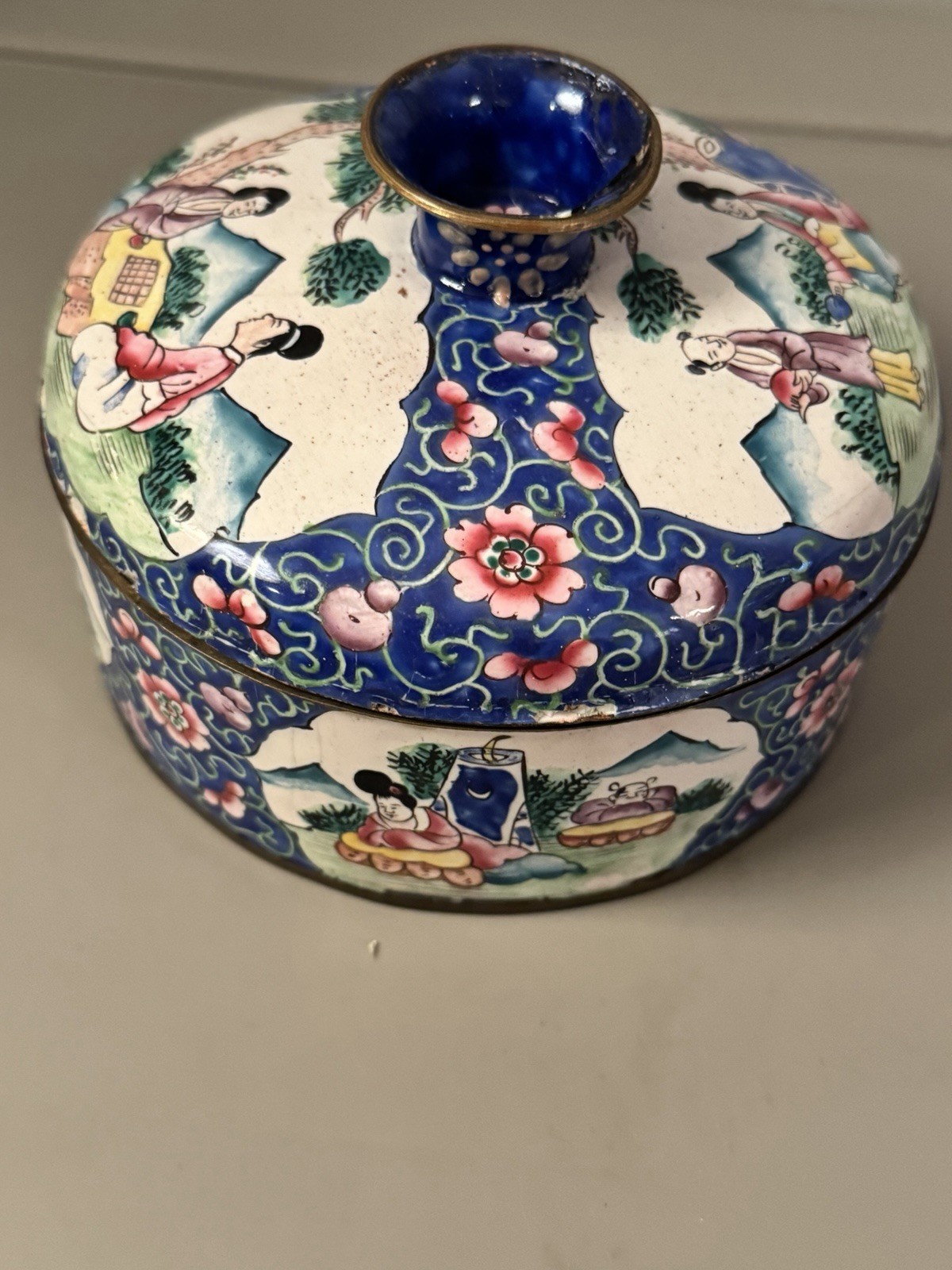 RARE ONE! Antique cloisonne Blue and Pink Floral Tin Style Box with Lid