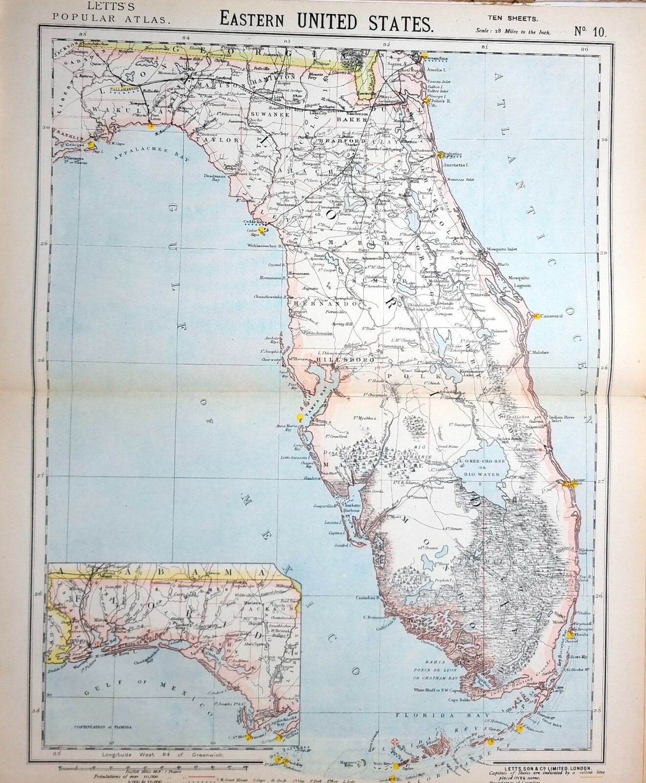 1882 LETTS MAP EASTERN UNITED STATES FLORIDA KEYS WAKULLA MADISON TAYLOR
