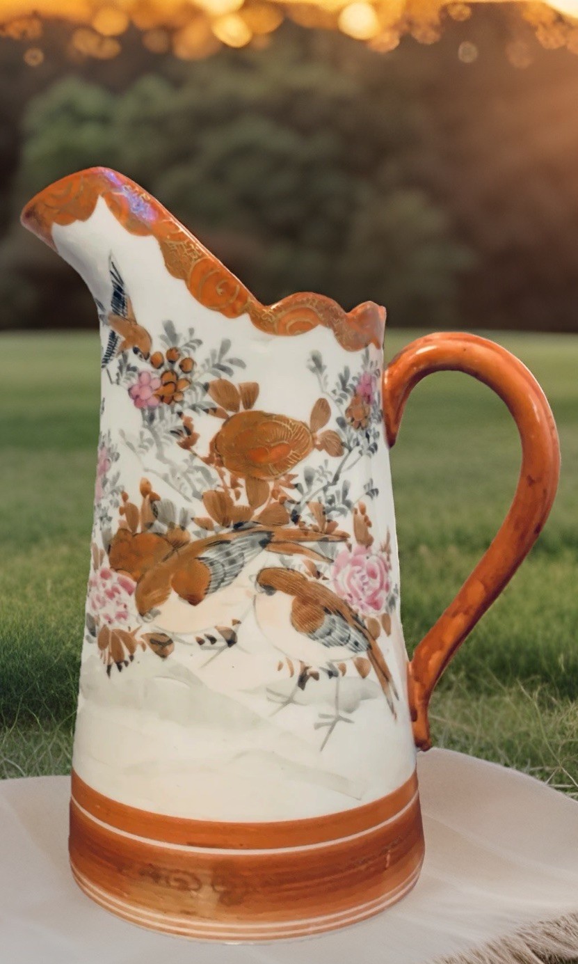 VTG Chinese Vase Birds Floral In Copper Color Pitcher 6” Porcelain Beautiful