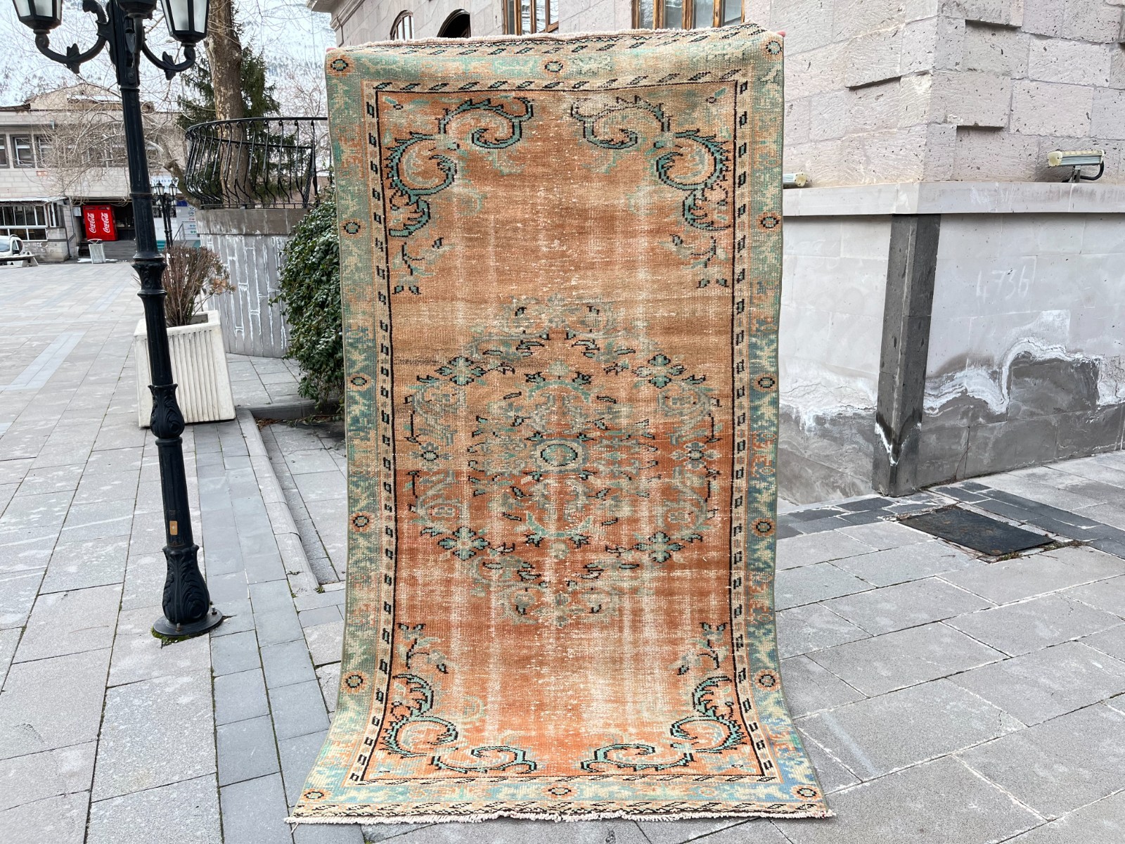 Vintage Turkish Oushak Rug 4.3×8.1 Terracotta Sage Hand Knotted Wool Area Rug