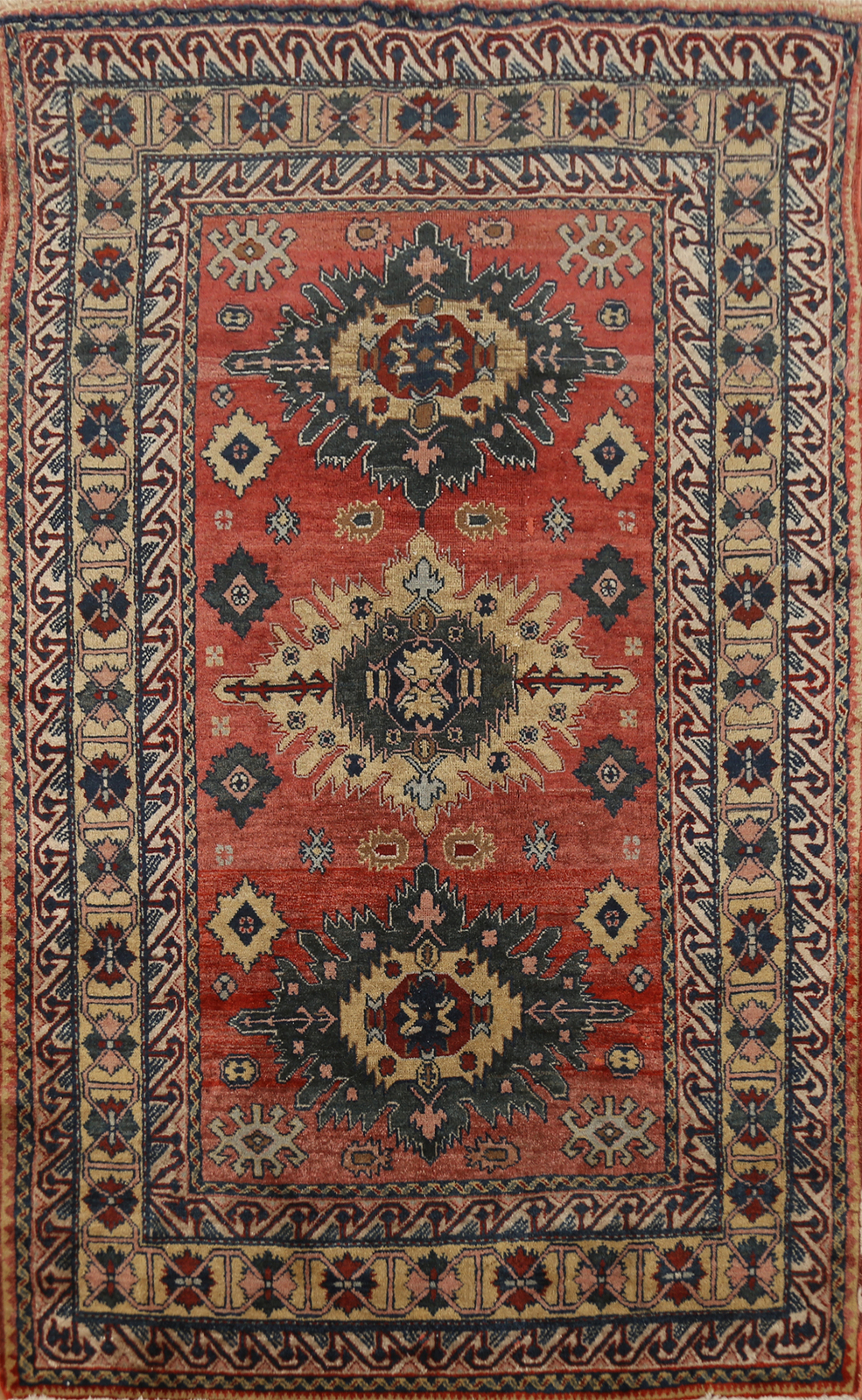 Antique Vegetable Dye Russian Kazak Oriental Rug Rust Wool Hand-made Carpet 4×6