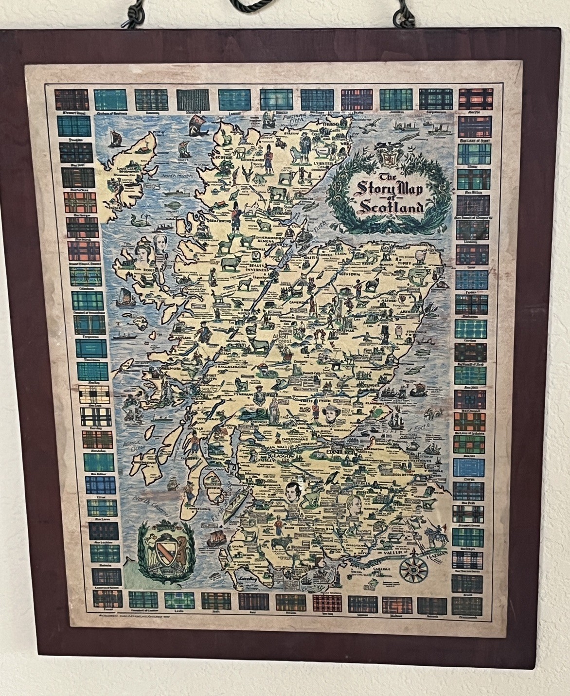 Vintage 1939 ‘The Story Map Of Scotland’ On Wood Placard 15” X 17” Hand Colored!