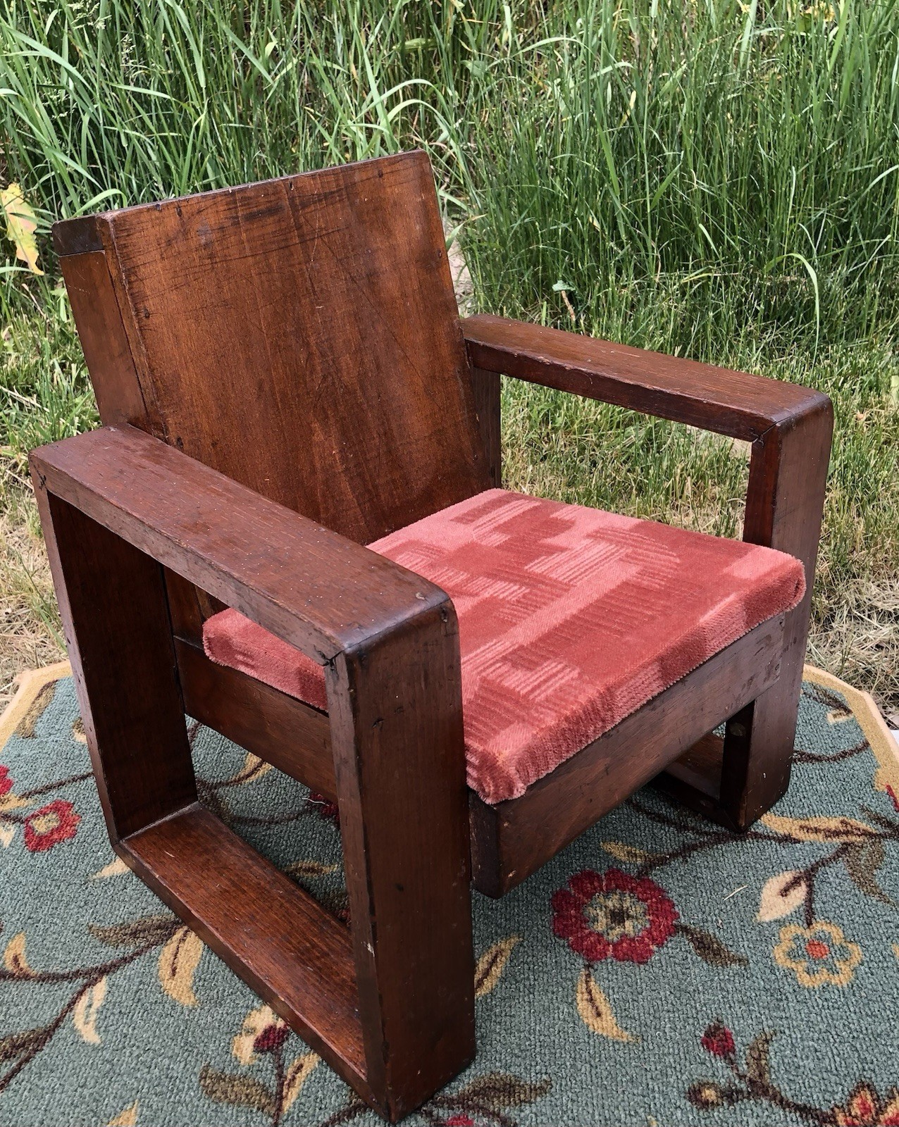 ORIGINAL ANTIQUE VINTAGE ART DECO CHILDS CHAIR WITH ORIGINAL ART DECO FABRIC