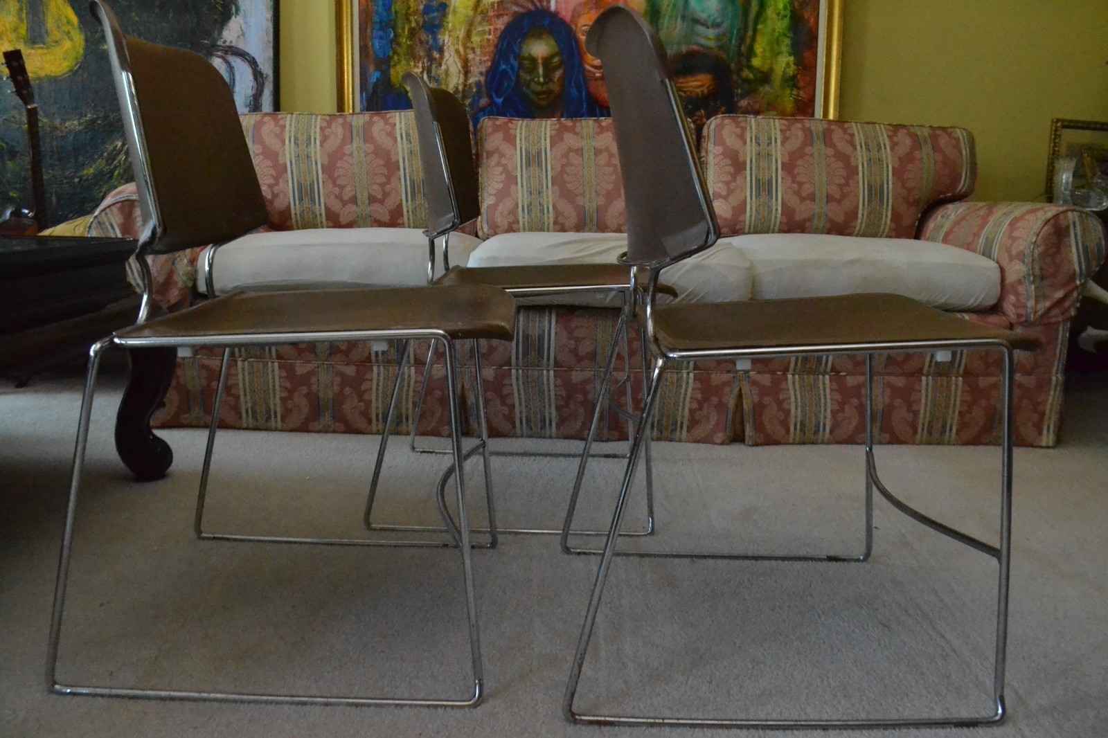 Vintage MCM Brown Chairs Steelcase Style Three Chrome Stackable Atomic