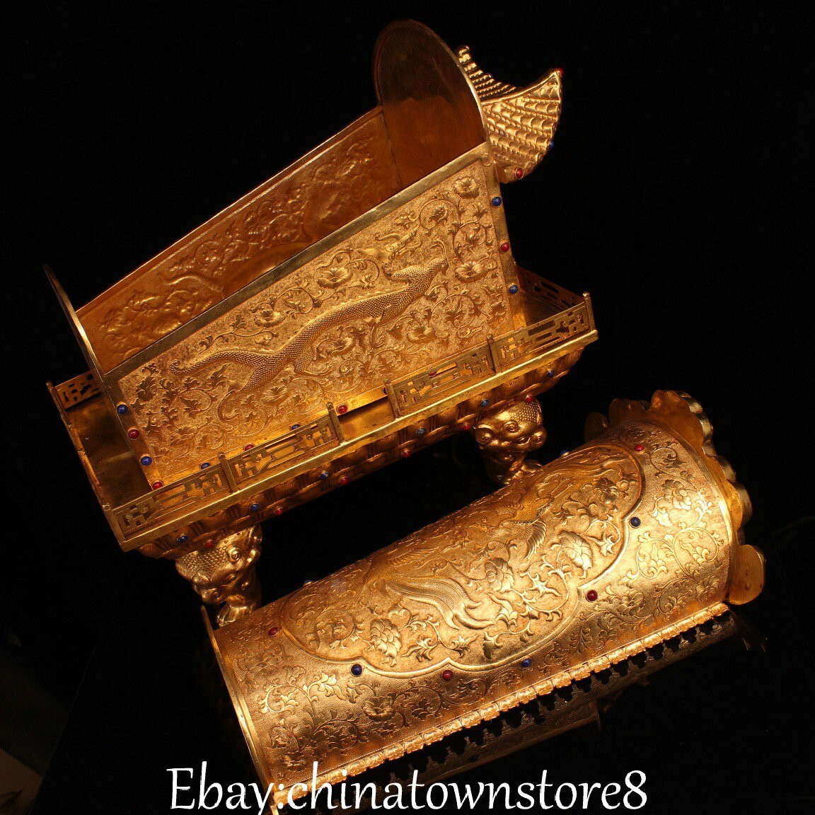 Old Dynasty Pure Bronze Gilt Dragon Loong Turtle Buddha Bone Sarira Coffin