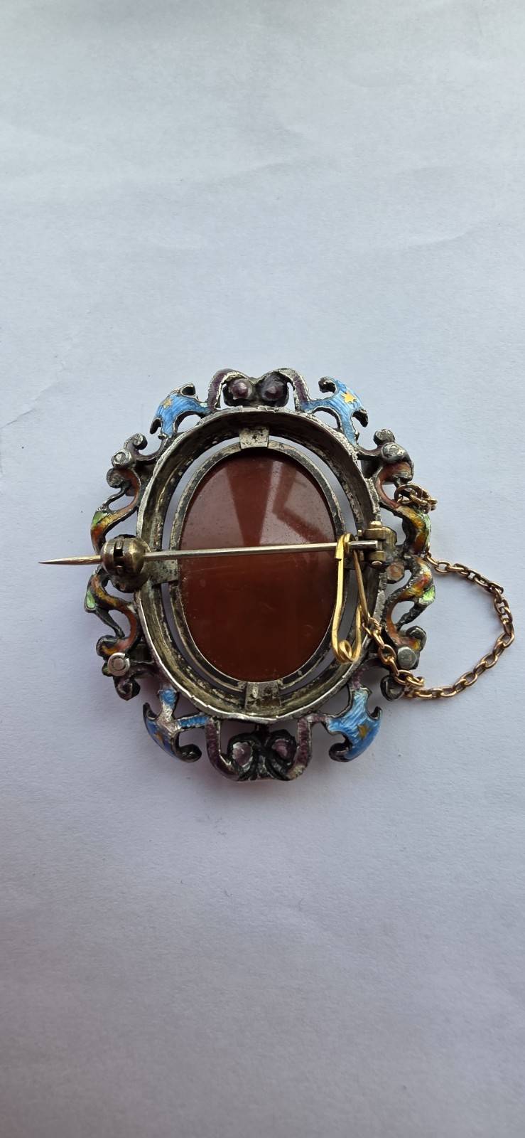 Unusual 19thc Sardonyx hardstone cameo and enamel brooch