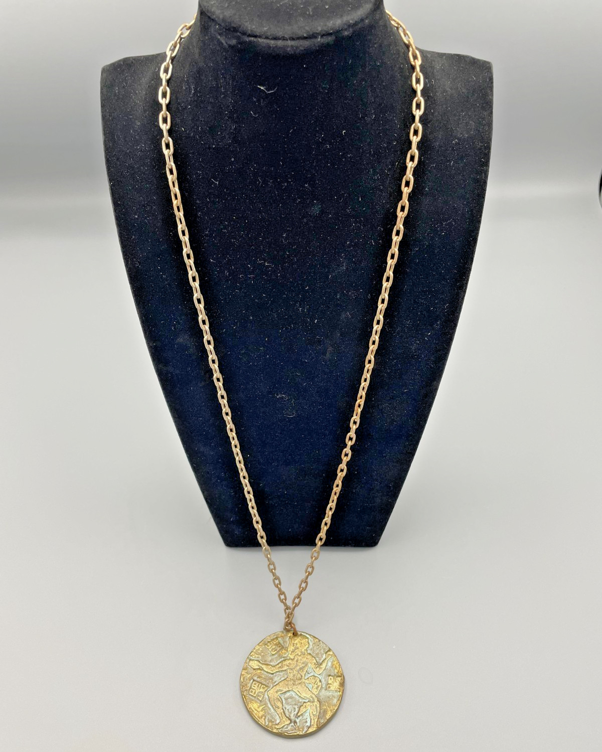 Vintage Bronze Tone Figural Medallion Necklace Patina Art Pendant Long Chain