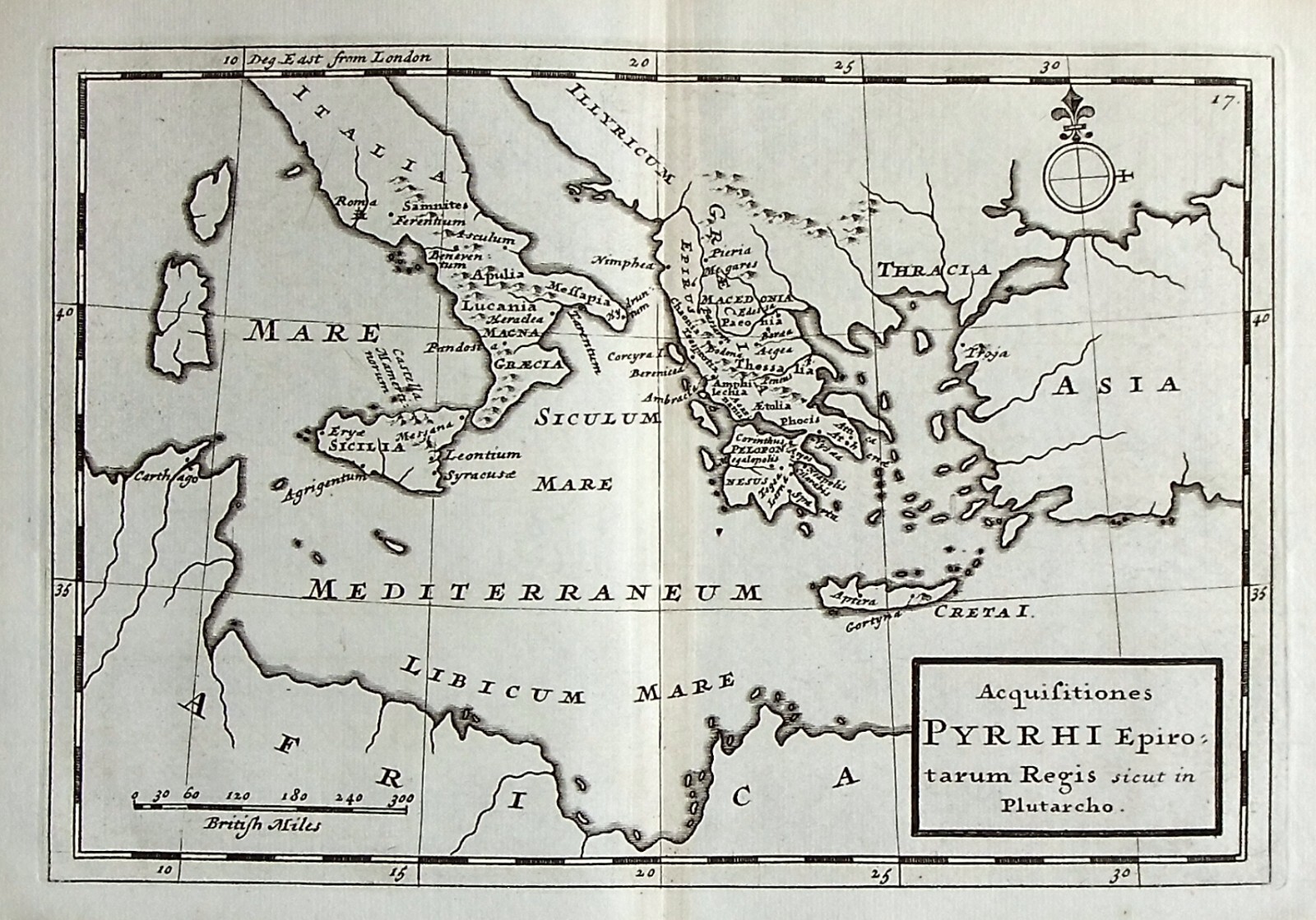 ANCIENT MEDITERRANEAN, ITALY, GREECE, PYRRHUS, original antique map, Moll, 1739