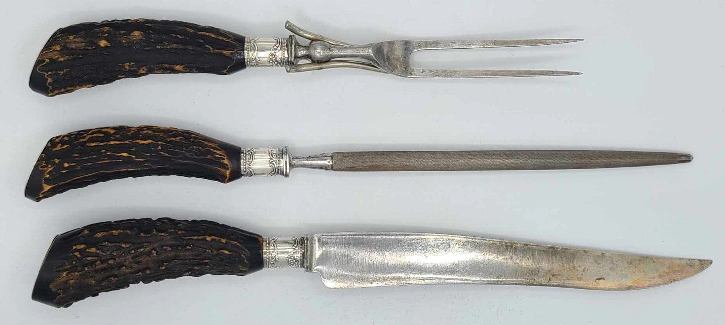 Antique Lamson & Goodnow Sterling Silver & Stag Horn Handle 3 piece Set Monogram