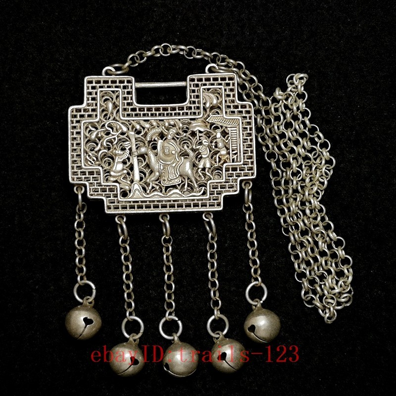 2.4 Inch Old Chinese Tibet Silver Carving Landscape People Necklace Pendant Gift