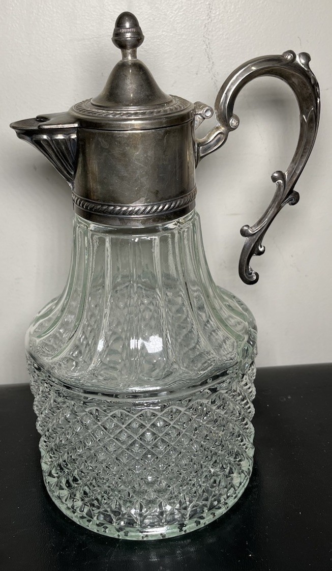 Leonard Italy 10 Crystal Pitcher with Silver plate Screw On lid, 10 1/2 ” Tall
