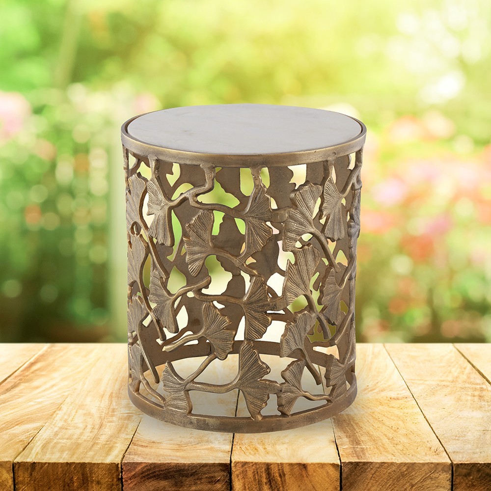 Ginkgo Leaf Stool Aluminum Marble Nature Inspired Accent Seat Home Decorative