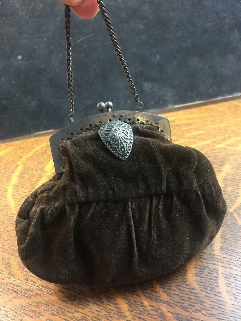 Antique 1800s Dainty Brown Velvet Handmade Purse Silver Metal Frame Chain Handle