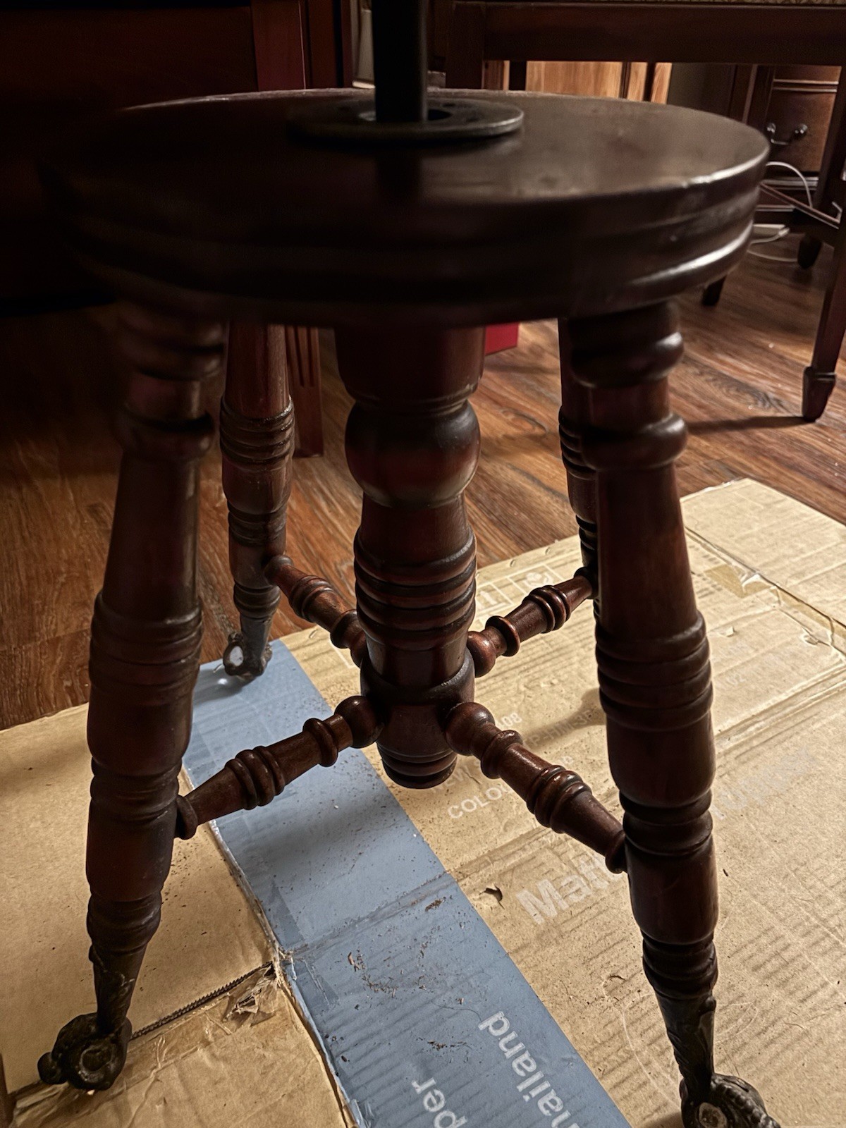 Antique 1900’s Cherry Piano Stool Crystal Ball & Claw Feet, Adjustable Height