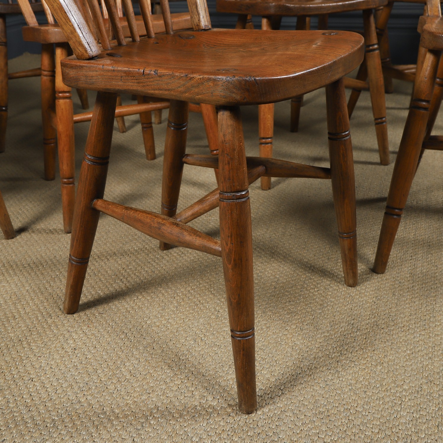 Antique English Ash & Elm Four 4 Windsor Hoop & Stick Back Kitchen Dining Chairs