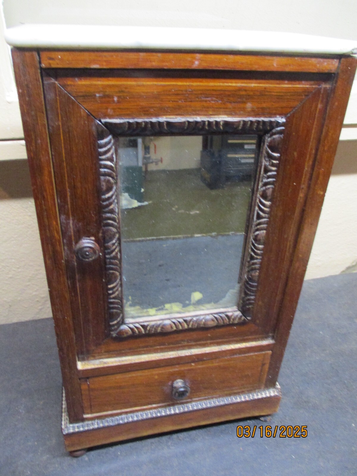 Antique Doll Armoire French With Mirror Door/Drawer/Marble Top