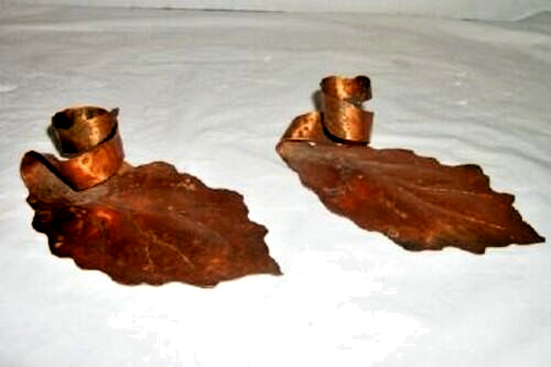 Primitive Handmade Copper Candle Holders Hammered Leaf Americana Antique