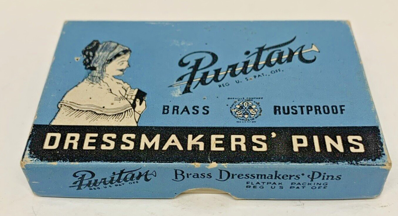 Antique Puritan Brass Rustproof Dressmakers Pin Box No. 17 Almost Full Box