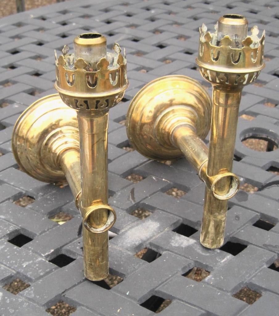 2 Convertible Brass Candle Holders Wall Sconces Spring Load Type Gothic 19th C