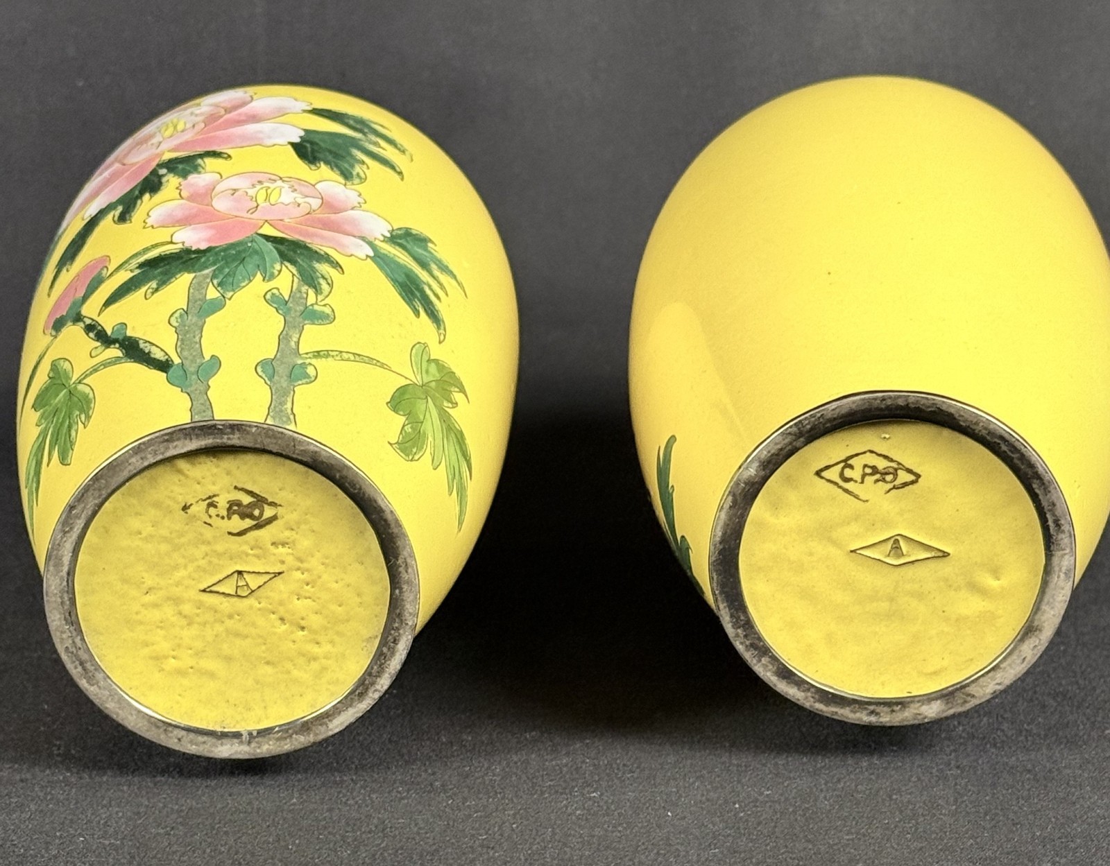 Pair Japanese Cloisonné Vases Akagi Nagoya WWII CPO 1945–50 Yellow Peony 7”