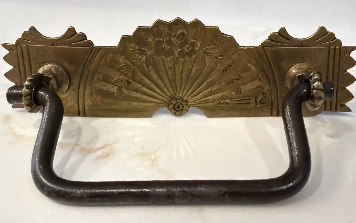 Set of 6 Eastlake VTG Stamped Brass Escutcheon Flower Fan Design Steel Bail Pull