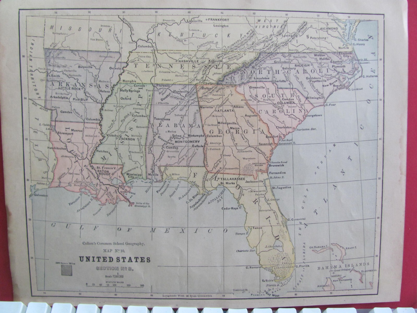 SOUTHERN UNITED STATES FLORIDA GEORGIA TN CAROLINA + 1880 COLORED COLTON’S MAP