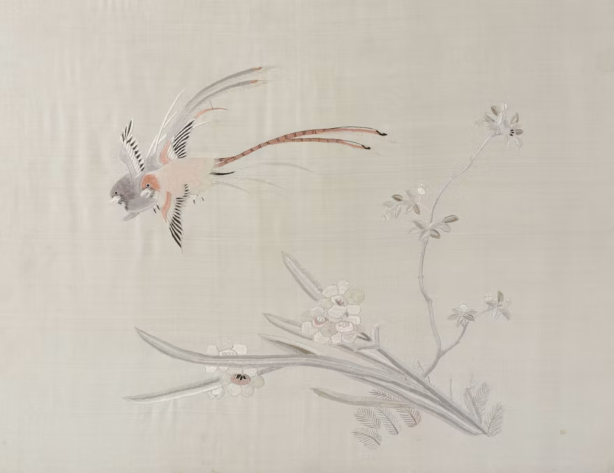 Chinese Silk Embroidery Birds Panel Framed Scissortails on Branch Vintage