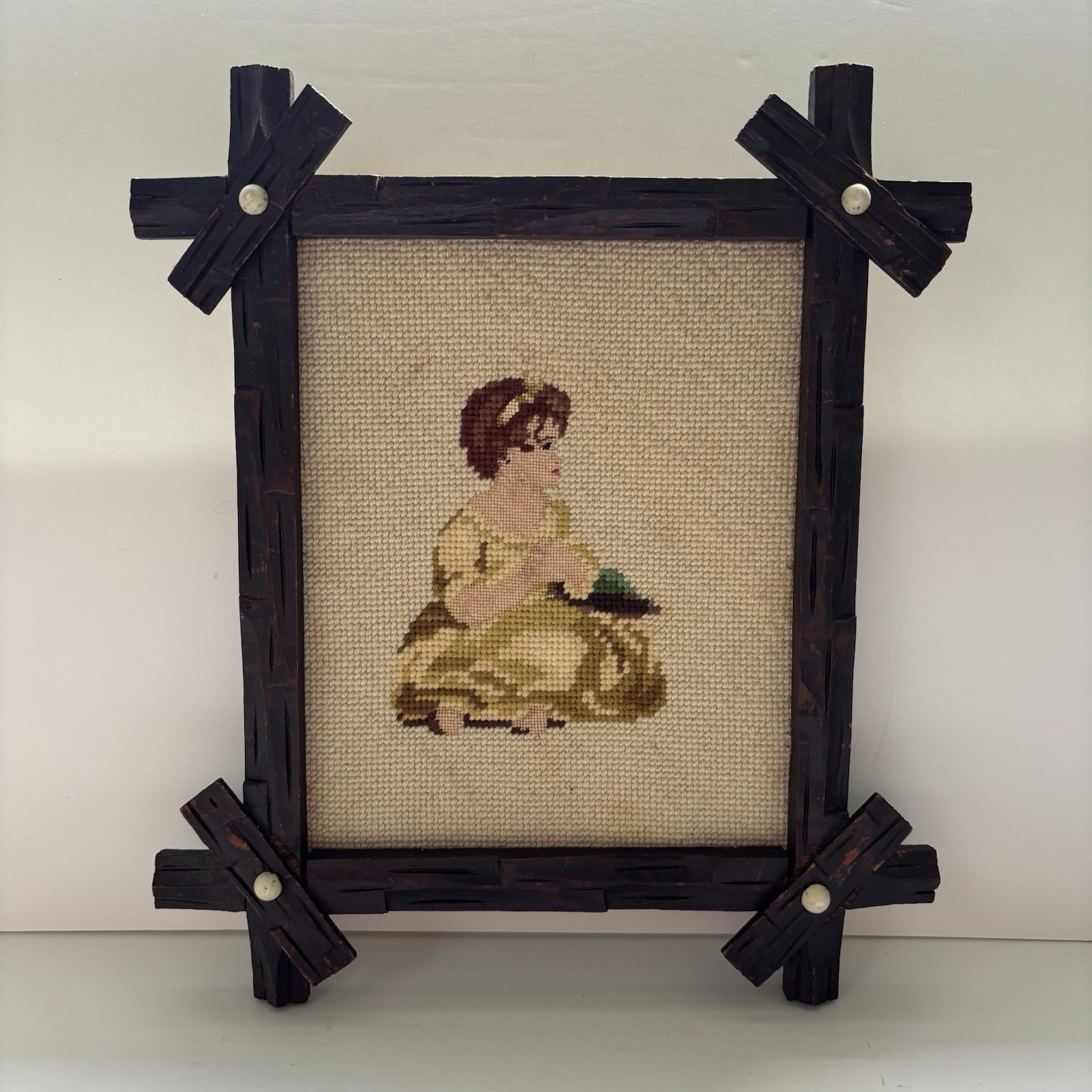 Vintage Tramp Art Frame Adirondack Folk Art Hand Carved Wood w/ Needlepoint