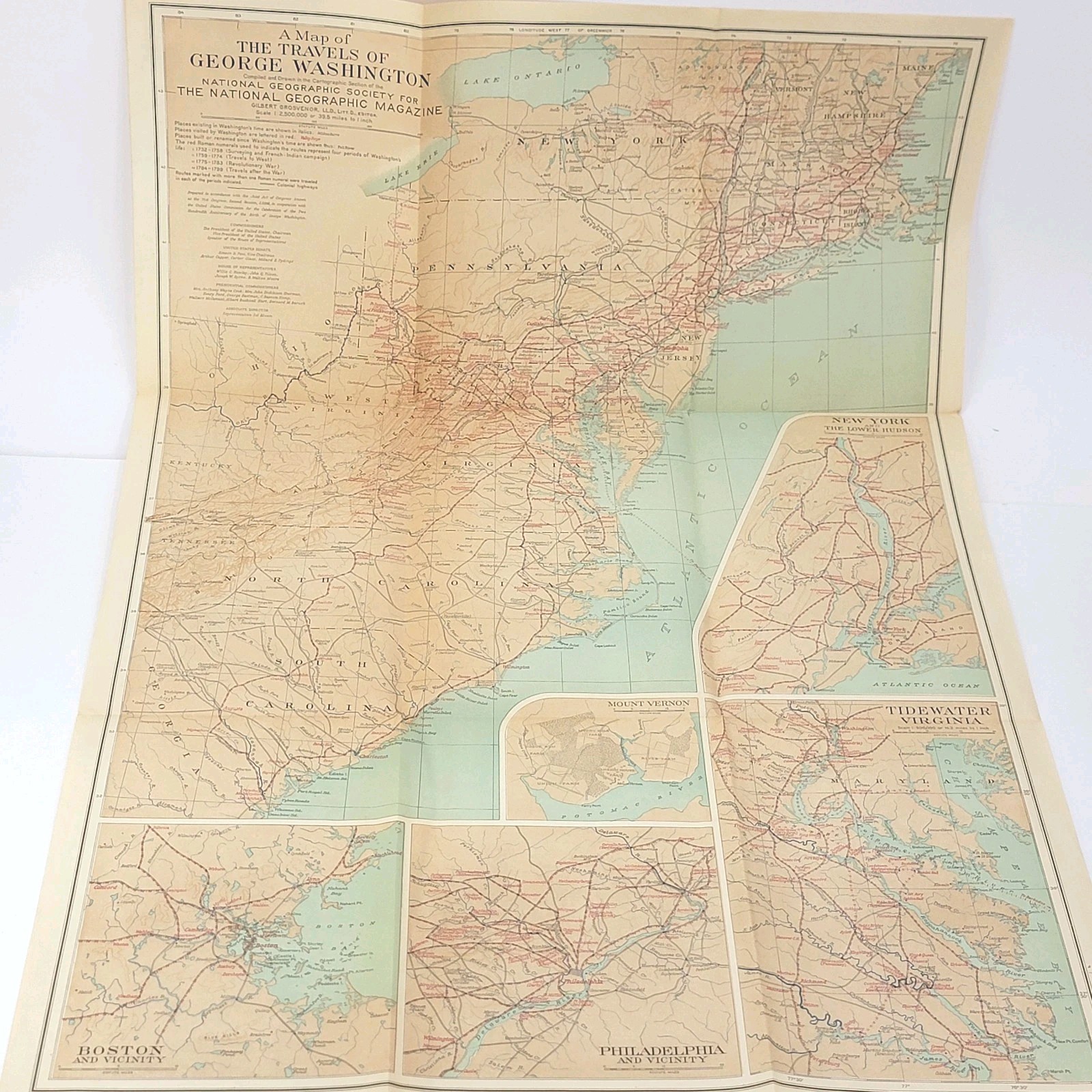 Vintage 1931 Map of the Travels of George Washington Colonial America Revolution