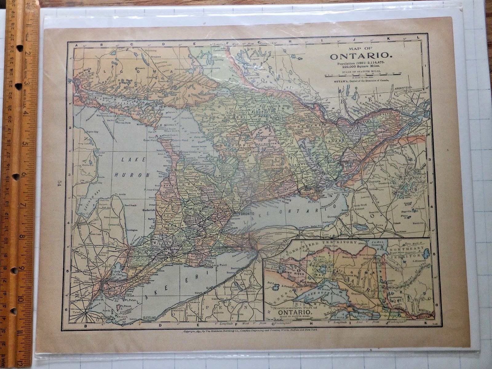 1897 Color Map of Ontario. 10 5/8 x 13 3/4 inches. Mathews-Northrup Company.
