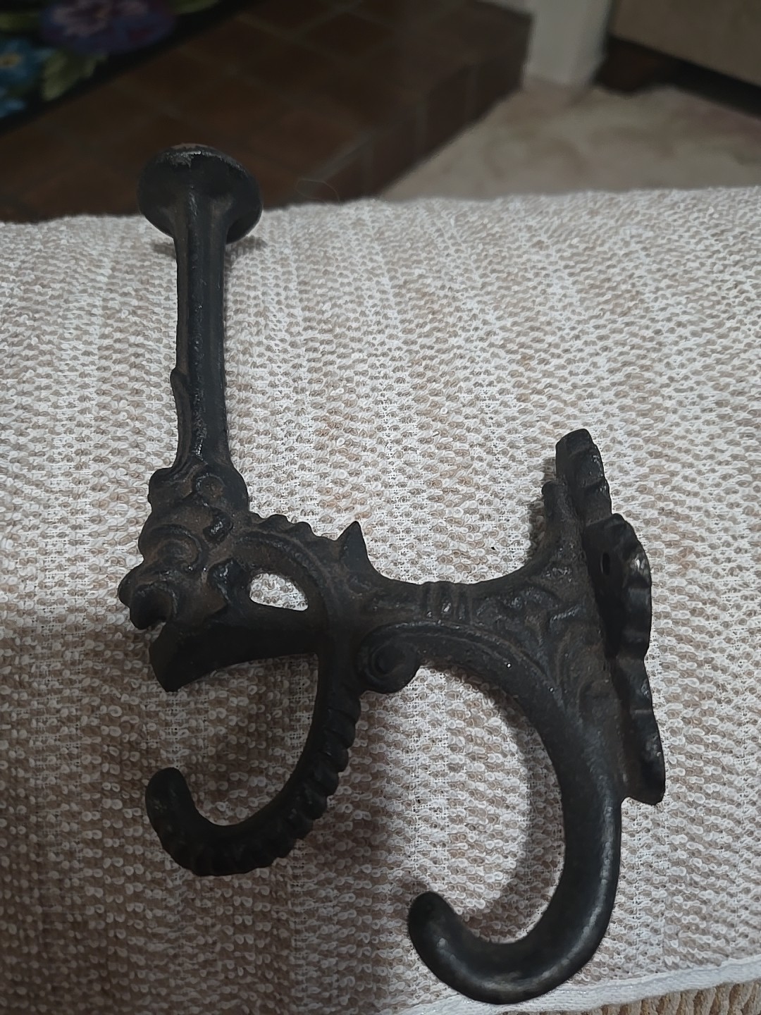 Vintage Cast Iron Coat Hook With Gargoyle Face – 2 Hooks + Hat Holder Wall Mount