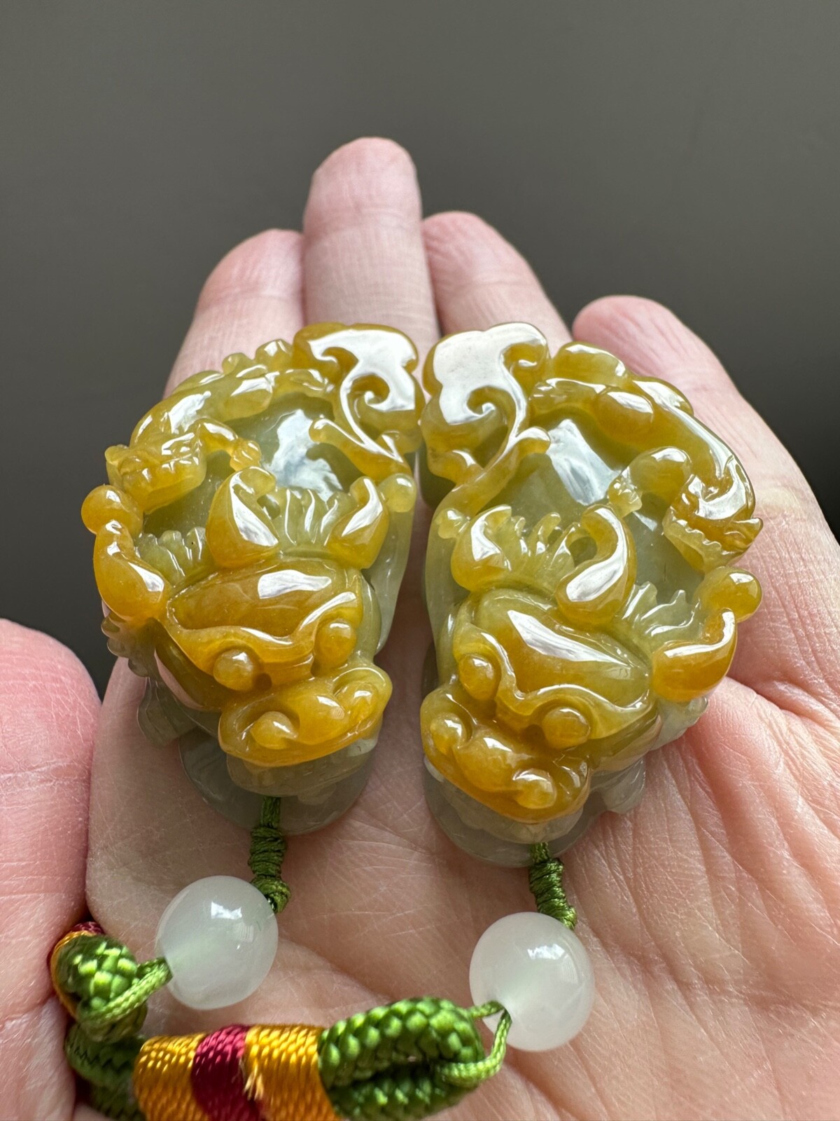 Pair of Pixiu Certified 100% Grade A Yellow Jadeite pendants necklace Pixiu 翡翠豼貅