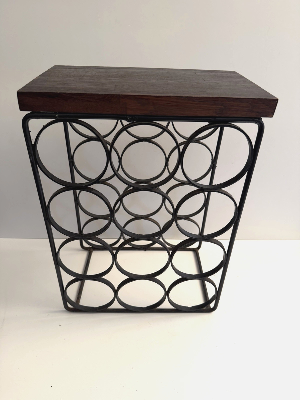 Arthur Umanoff Iron Wine 12 Bottle Rack w/ Wood Slab Top MCM Eames Era Nice!