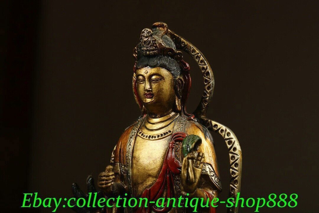 Old Chinese Bronze Gilt Painting Dragon Kwan-yin Guanyin Goddess Buddha Statue