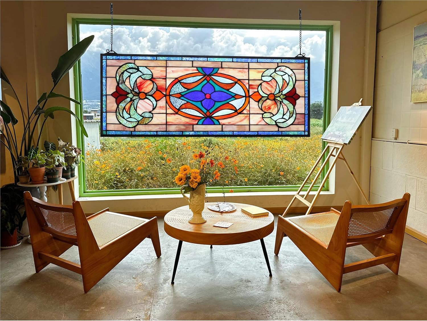Extra Large Horizontal Blue Victorian Stained Glass Window Panels